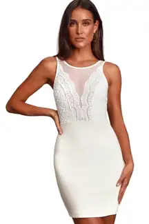 Lulus Coquina White Bandage Mini Dress Sz. S Crochet Detail Low Back Knit Sexy