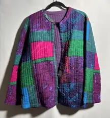 Quilted Patchwork Print Boxy Jacket Womens Boho Purple Green Blue Artsy 3X SEE