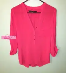 Bright Watermelon Coral Button-Up Henley V-Neck Metal Button Edgy Blouse S