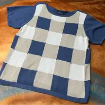 Crazy Horse Liz Claiborne Checkerboard knit crewneck sweater XL Blue white patch