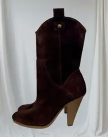 AEO Boho Brown Suede Leather Western Cowboy Mid Calf Heeled Boots US 7