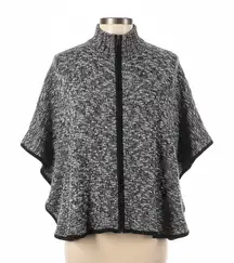 Jones New York Knit Poncho Sweater Zip Black White Marled Mock Neck S/M Cape