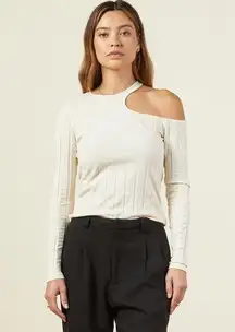 Monrow Flat Rib Asymmetric Ivory Long Sleeve Cut Out Top Size XS
