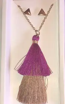 Lily Sky Designs Gold Tone & Magenta Pink Fringe Tassel Necklace & Earrings Set