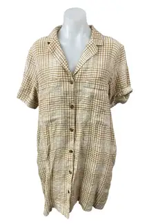 Everlane 100% Linen Beige Plaid Short Sleeve Collar Mini Button Up Shirt Dress M