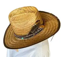 Straw Cowboy Hat Raffia Feathers Hatband Tall Crown Wide Brim Beige Cowgirl