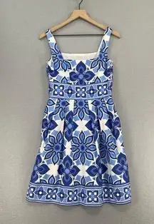 London Times  Dress Womens 4 Blue White Square Neck Mediterranean Summer Floral