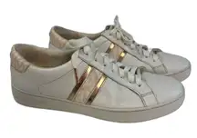 Michael Kors Irving Stripe Lace Up Logo Leather Sneakers White Pink Womens Sz 9