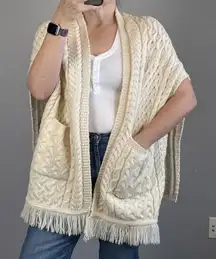 Aran Craft Irish Cable Knit Pocket Shawl Poncho Sweater OS Ivory Merino Wool