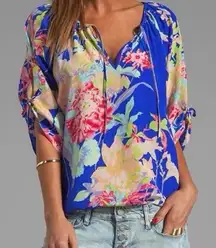 Yumi Kim Anthropologie Blue Floral 100% Silk Blouse Top Size S Small EUC!!