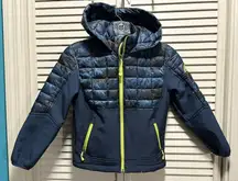 SNOZU Navy Blue/Camo/Neon‎ Green Puffer Hooded Jacket Sz Small Quilted Pockets