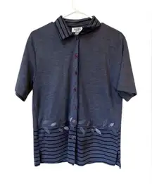 Vintage 80s Teddi Blue Embroidered Polo Button Top Medium