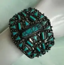 Southwestern Style Wide Cuff Bracelet Turquoise Mosaic Design