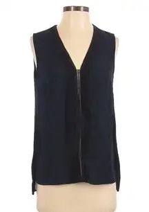 Sleeveless V-Neck Blouse Tank Top Crochet Trim Career Navy Black Small