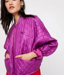 Free People Easy Quilted Bomber Jacket Women Small Fuchsia Purple Oversized Boho