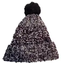 Calia Women's Knit Beanie Hat with Faux Fur Pom Pom Purple White