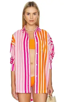 NEW BEACH RIOT PINK WHITE STRIPED ALEXA COVERUP BUTTON DOWN TUNIC SHIRT TOP S/M