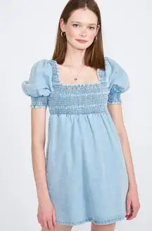 Altar'd State Altar’s State Smocked Babydoll Denim Mini Dress Puff Sleeves Size M