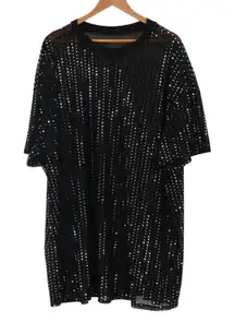 Black Mesh‎ Sequin Tunic Dress Oversized Sheer T-Shirt Mini Clubwear One Size