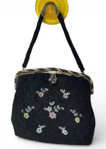 1940’s Vintage French Birks Black Heavily Beaded w/Pastel Florals Clutch Handbag