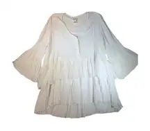 For The Republic White Pleated Tiered V Neck Bell Sleeve Tunic Top XL