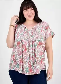 Tommy Hilfiger Women's 3X Floral Print V Neck Tie Short Sleeve Blouse Top