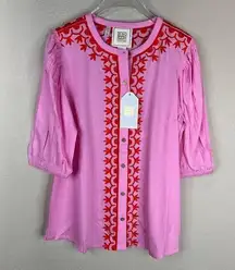 NWT Emily McCarthy Proper Top Flora Pink Embroidered Boho Tencel Blouse S/M/L/XL