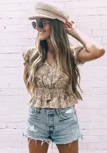 Spell & The Gypsy Collective Lioness Cap Sleeve Boho Blouse in Smoke Beige XXS