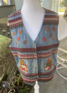 Vintage Bobbie Brooks Fall Embroidered Denim Vest Size Medium