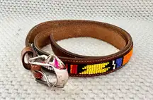 Justin USA Top Grain Cowhide Tan Leather Aztec Beaded Slim Vintage Belt 30 513TN