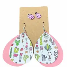 Women's Lady Bug Studs Succulent Cactus Plant Dangle Earrings Set Pink White