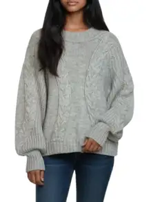 Express Womens Cable Knit Balloon Sleeve Crew Neck Sweater Gray Sz M Chunky Cozy