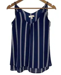 FREEWAY Tassel Tie Strap V Neck Tank Top Nautical Blue White Size Small Coastal