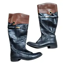 Tommy Hilfiger Women 8 Delphy Leather Wide Calf Riding Boots Black Tan FLAW