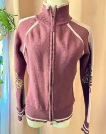 Athleta sweater jacket with floral print 100%cotton plum with lavender accents