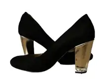 Ann Taylor Tinsley Black Suede Jewel Rhinestone Gold Block Heel Size 7m9