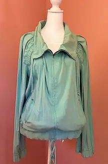 St. John blue buttery soft modern chic zip track suit jacket rhinestone detail L