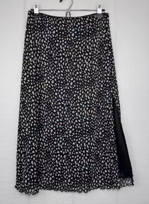 Urban Romantics Black Spotted Animal Print Midi Skirt Side Slit Lettuce Trim Hem