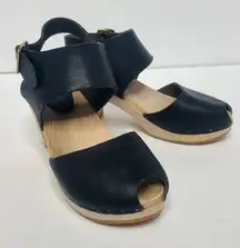 BRYR Clogs Size 38 Black Miranda Wooden Clog Sandals Leather Peep Toe Womens