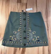 Francesca's Boho Embroidered Button Front Mini Skirt Sz M Lined Blue Rain Green