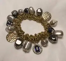Vintage Gold Tone Boho Elastic Stretchy Charm Bracelet with Purple Rhinestones