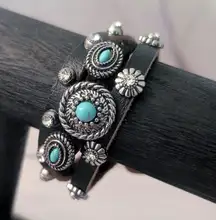 Chunky Statement Bracelet Western Theme Black, Silver Tone, Blue