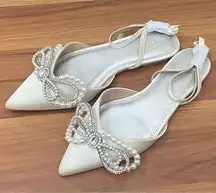 ASOS DESIGN Lavish Ivory Satin Pointed Flats with Faux Pearl Bling Bow Size US 6