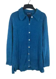 VTG 90s Denim & Co Blue Chenille Button Front Collared Cardigan Sweater S