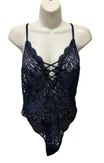 Victoria’s Secret Navy Blue Lace Crochet Bodysuit Teddy Sz L Thong Sexy Fit New