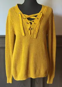 Kaisely Mustard Yellow cozy knit V-Neck Lace-Up Sweater