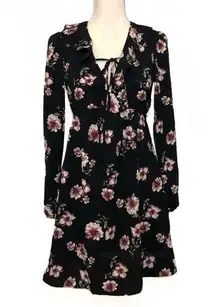 NWOT Black Floral Ruffle Wrap Dress Long Sleeve