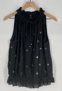 Express Y2K Black Silk Sequin Beaded Ruffle Tie Neck Sleeveless Halter Top S