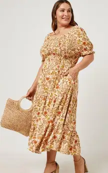 Hayden Floral Midi Dress in Orange and Cream