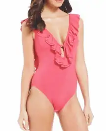 NWT Michael Kors Ruffled Low Cut One Piece Swimsuit Grapefruit Pink Size 10 NEW